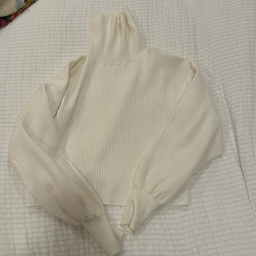 Good American cropped white turtle neck sweater